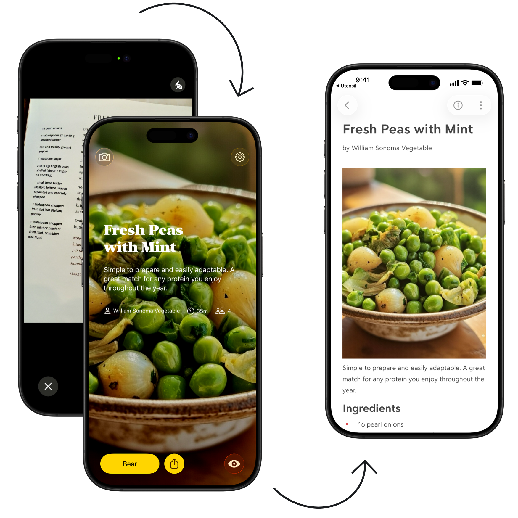 Placeholder: A phone showing a recipe that was clipped using Utensil&rsquo;s photo clipping feature, which extracts recipe information from photos of recipes