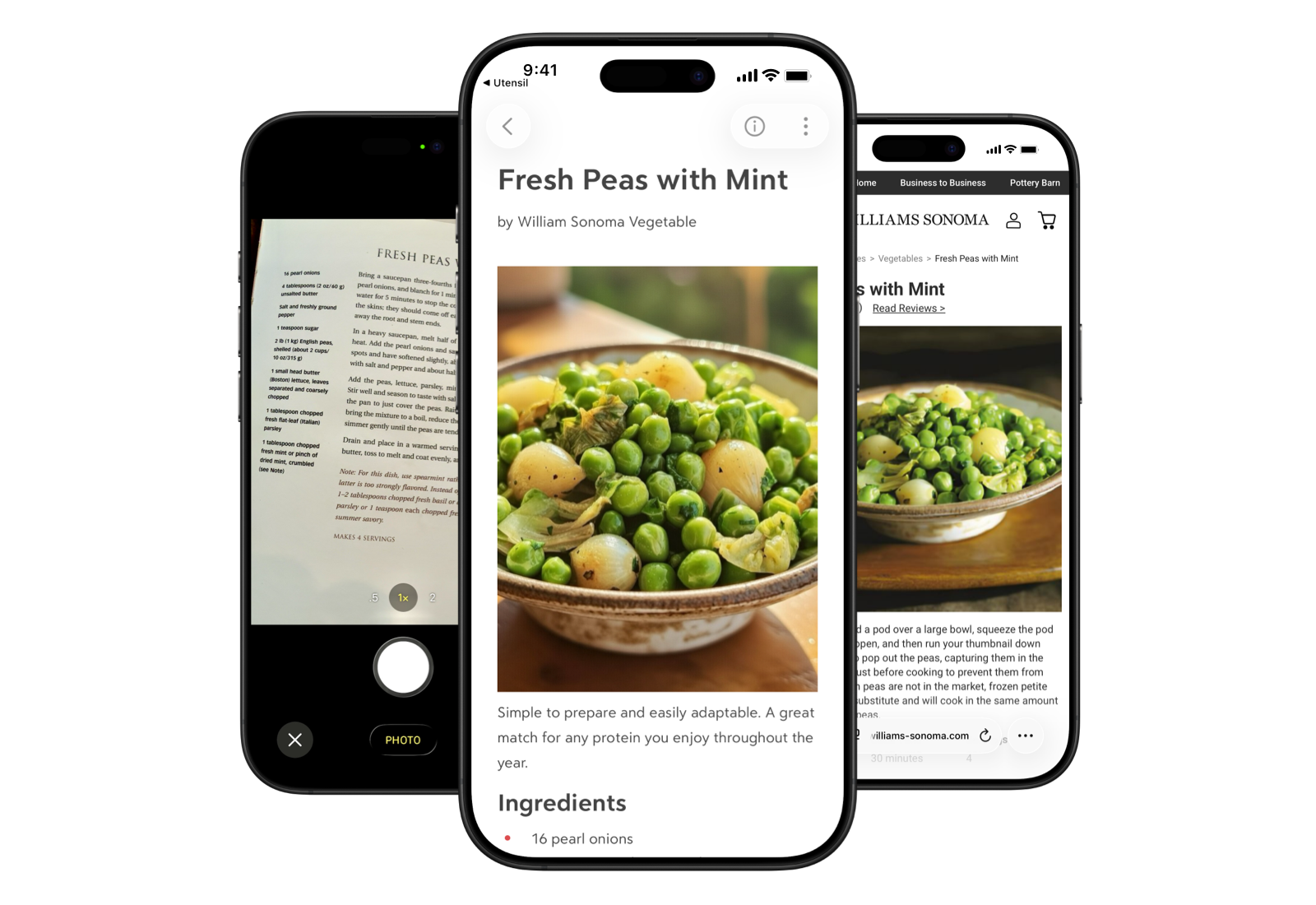 Screenshots of a recipe webpage on a mobile device, a mobile device taking a picture of a recipe in a cookbook, and the resulting note in Bear showing the recipe's title, photo, ingredients, and instructions all neatly formatted and ready to cook from.
